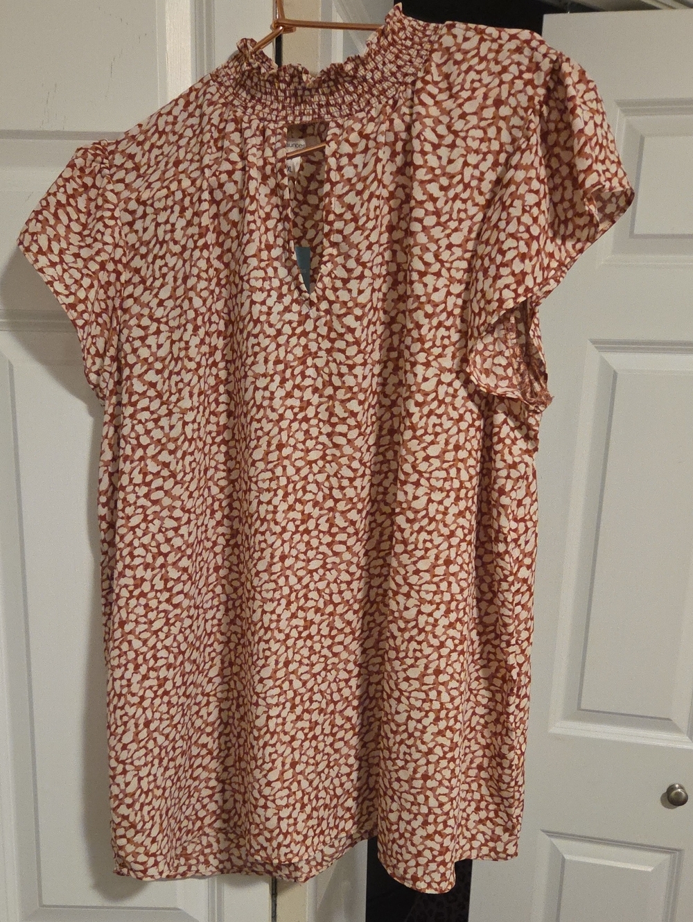 Rust and Cream Printed Smocked Neck Blouse